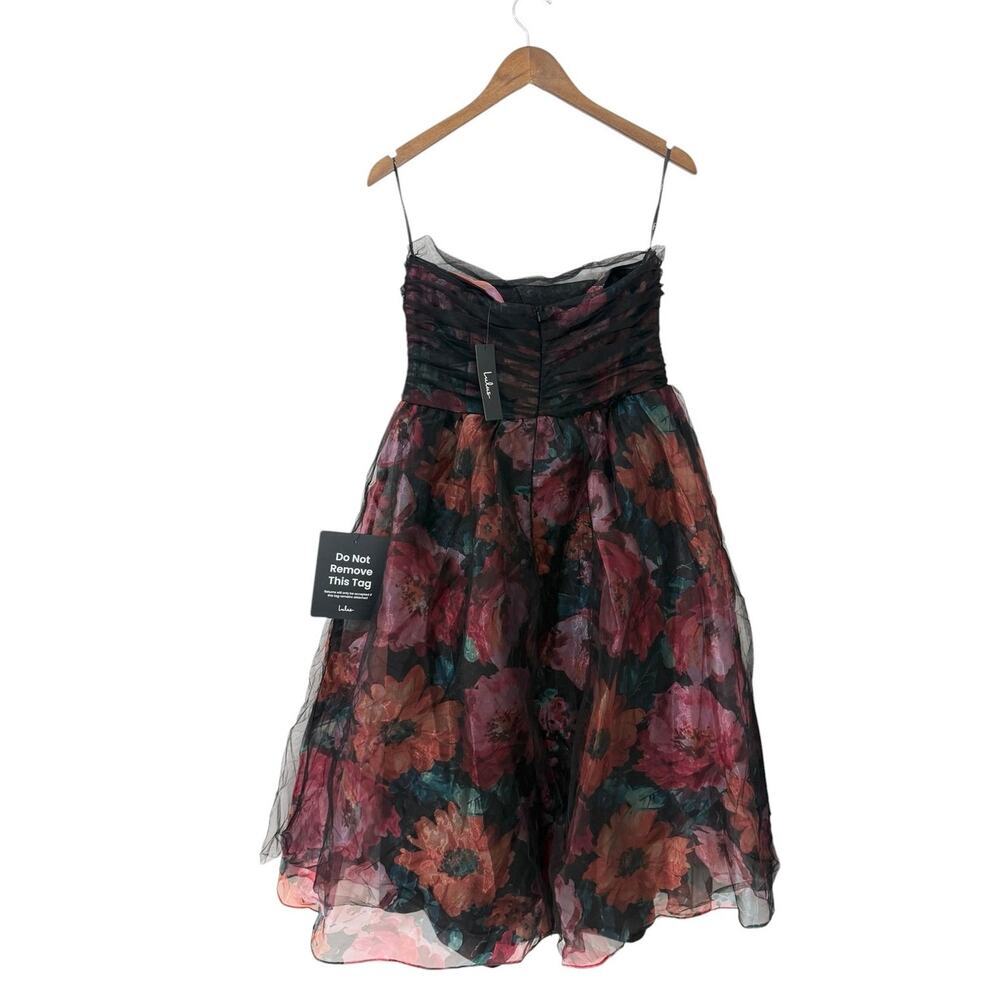 Lulus Splendidly Yours Black Floral Organza Mesh Strapless Midi Dress size L NWT - Picture 3 of 6